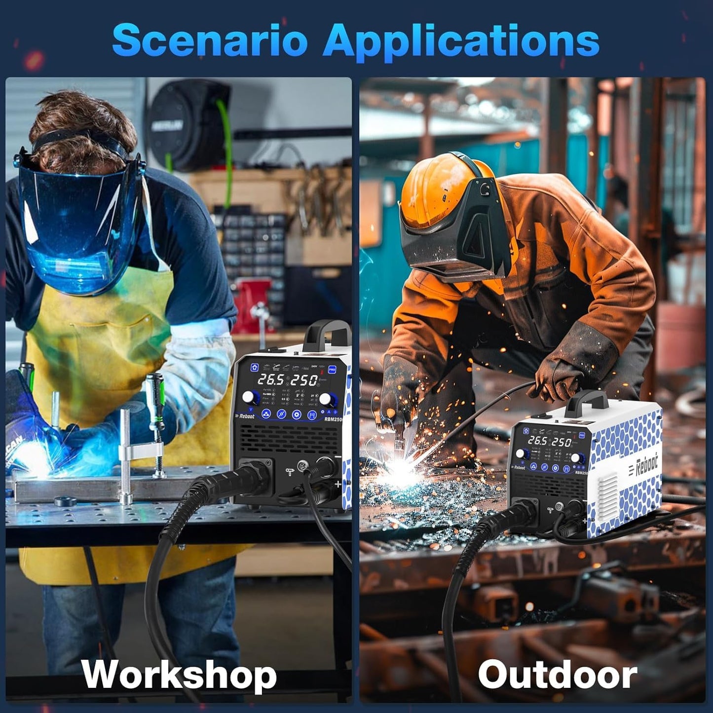 250Amp MIG Welder TIG Torch Included 120V/240V RBM2500 PRO, 8-in-1 Multiprocess Welding Machine with Dual Aluminum Welding Modes Gas MIG/Gasless Flux Core/MAG/Lift TIG/Stick/Spot/Spool Gun Reboot