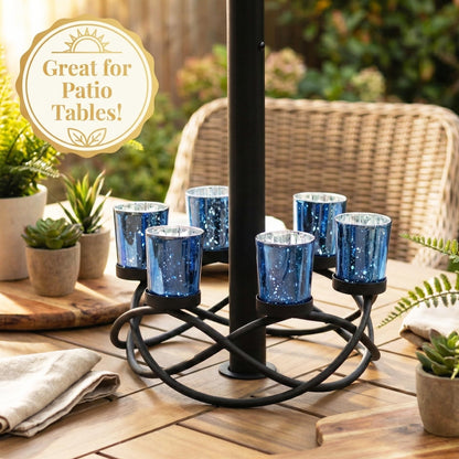 Seraphic Centerpieces for Table Decorations - Round Candle Holders for Outdoor Patio, Dining, Kitchen, Coffee & Wedding Table Decor, Black Iron Candelabra, 6 Blue Glass Votive Tealight Cups