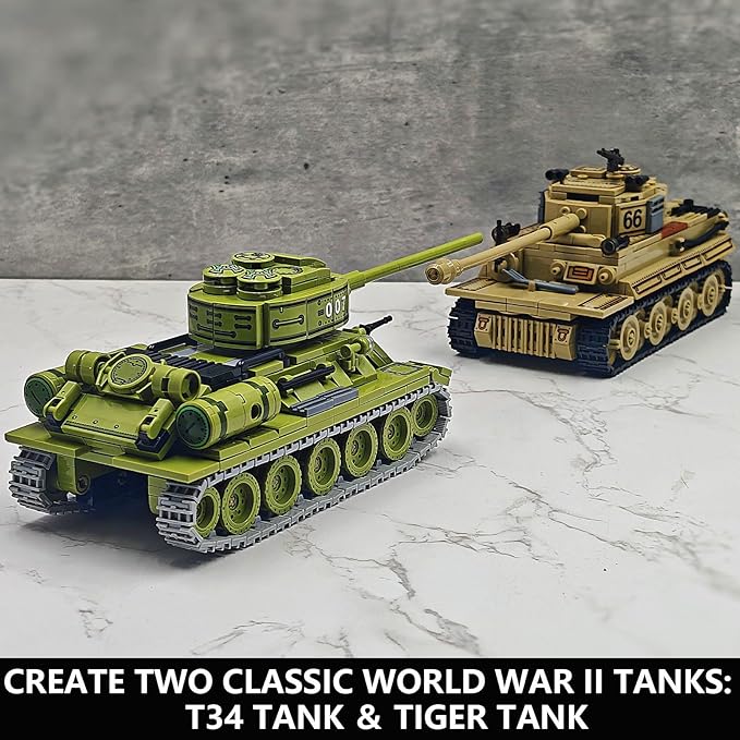 WW2 Tank Building Blocks Set – German Tiger and Soviet T-34 Army Tank Military Model Kits Toy Gifts for Boys and Men Collectors