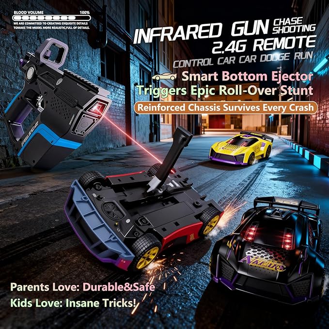 3-in-1 RC Drift Car — Sports/Racing 2-Player Battle Set with Infrared Gun Shooting &amp Flip Effects 60-Min Playtime Family-Friendly 2.4GHz Remote Control Car Toy for Kids Ages 6+ (Yellow)