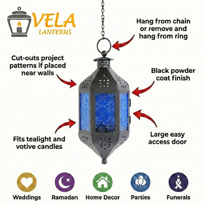 Vela Lanterns Hanging Moroccan Lamp - Exotic Decorative Patio & Porch Decor, Indoor Outdoor Tea Light Candle Lantern Holder with Chain (11" Medium, Cobalt Blue Glass)