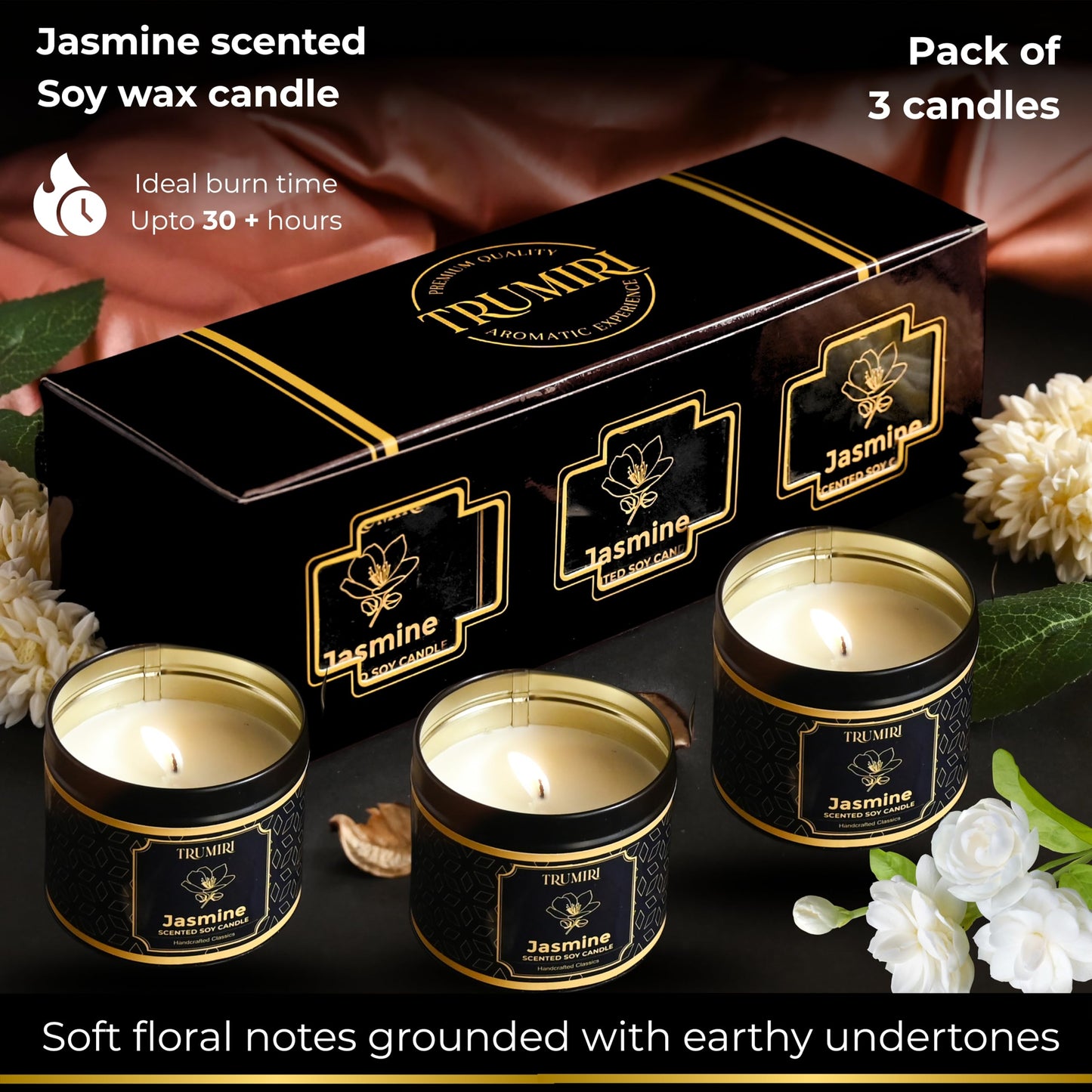 Jasmine Candle Strong Scented Soy Candel Clean Non Toxic Velas Aromáticas for Women Gift for Diwali Pack of 3 5Oz Decorative Tin Jars with Lids