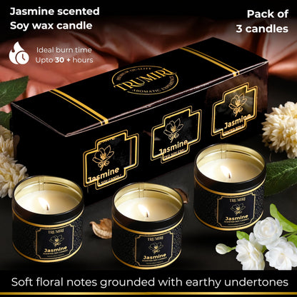 Jasmine Candle Strong Scented Soy Candel Clean Non Toxic Velas Aromáticas for Women Gift for Diwali Pack of 3 5Oz Decorative Tin Jars with Lids