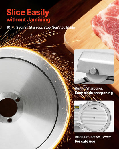 VEVOR Commercial Meat Slicer, 320W Electric Deli Slicer Machine with 10 inch SUS420 Blade, 0-0.4 inch Adjustable Thickness, for Frozen Meat, Ham, Baguett, Steak
