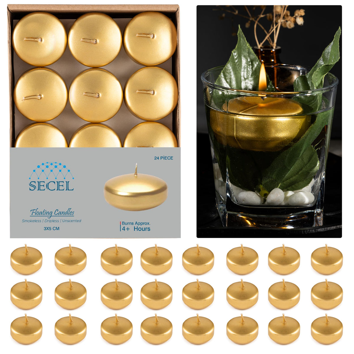 SECEL Pack of 24 Floating Candles 2 Inch 4+Hours Paraffin Wax%100 Cotton Wick Dripless & Smokeless Home Decor, Wedding Decorations, Valentine Decors, Birthday Dinners, Celebrations