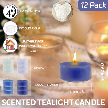 Sea Salt Scented Tea Light Candles 12 Pack Gradient Blue Hand Poured Smokeless 4 Hours Clean Burning Small Round Clear Cup Tealight Candles for Nautical Dinner Wedding Spa Yoga Meditation Cozy Evening