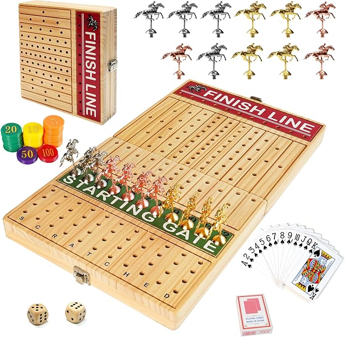 FUNNYB&ampG 21 inches Horse Race Board Game Foldable Large Horse Racing Game for Adults with 11 Metal Horses Solid Wood 60 Pcs Poker Chips 2 Dice 1 Pack of Cards for Family Tabletop Parties(Log)