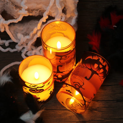 GenSwin Halloween Candles with Pumpkins, 3 Pack Flameless Candles with Remote Timer, Orange Pumpkin Glass Candles Battery Operated with Spiderweb, Halloween Spooky Indoor Decorations (D3” x H4”5”6”)