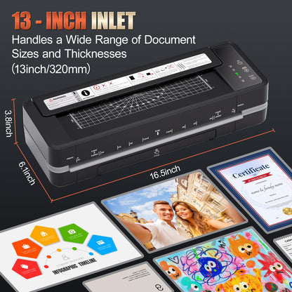 Commercial Laminator Machine 13 Inch 4-Roller, 55s Fast Warm-Up Never-Jam Lamination Machine, 3-10 Mil Thickness, Supports 11x17 & A3 Document Laminating, Includes 30 Laminating Sheets Black