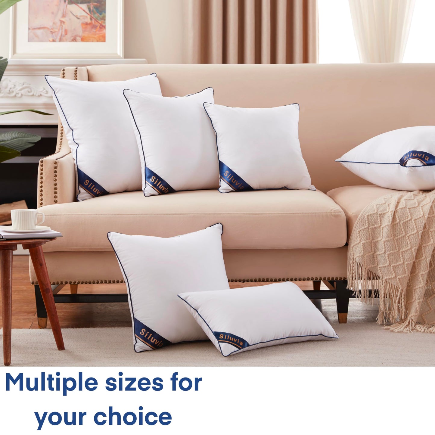 Siluvia 20"x20" Pillow Inserts Set of 2 Decorative Square Square Throw 20 Pillows with 100% Cotton Cover for Sofa, Couch, and Bed - White