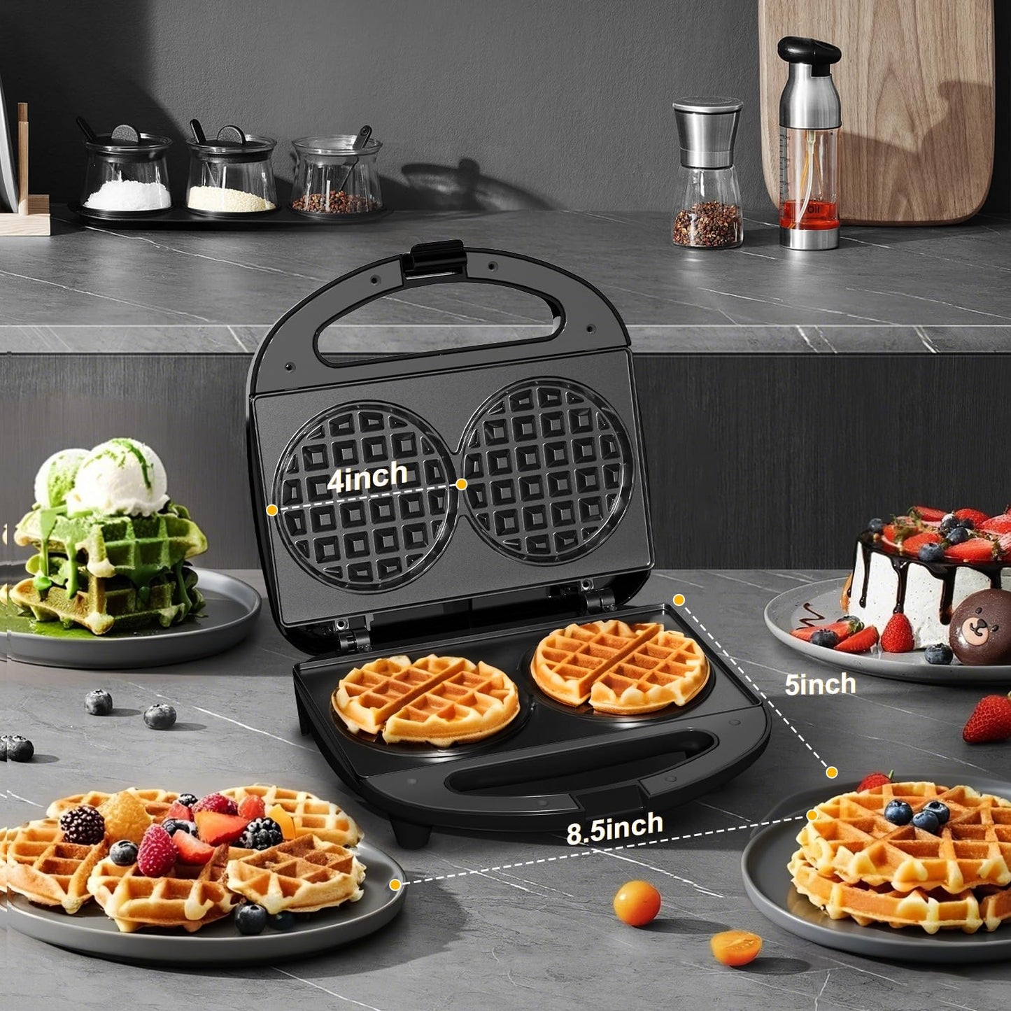 OSTBA Mini Waffle Maker 750W, Double 4-Inch Belgian Waffles Iron, Nonstick Plates, Compact Breakfast Appliance, Easy to Clean, Perfect for Kids & Family Breakfast