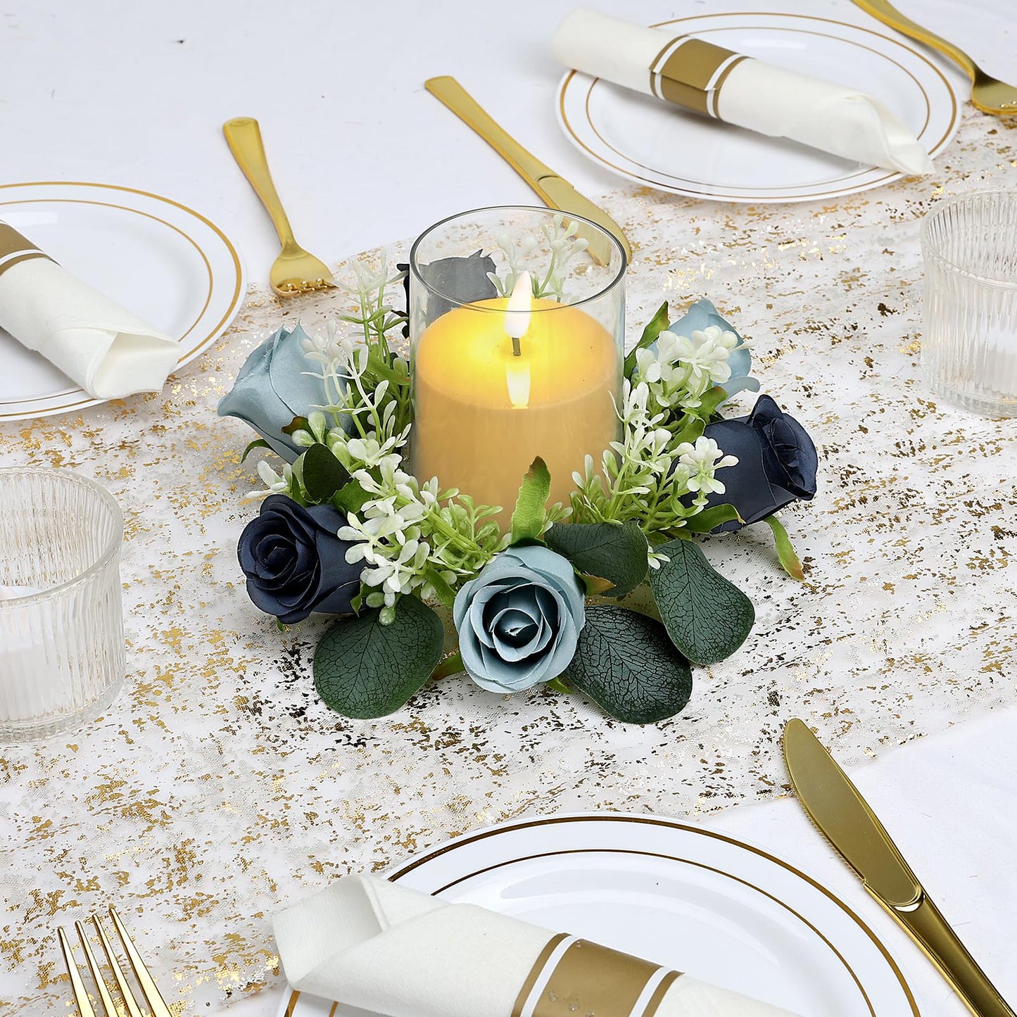 Tobilu 6 Sets Rose Rings Wreaths with LED Candles - Artificial Roses Eucalyptus Wreath Wedding Centerpiece for Wedding Bridal Shower Banquet Table Decor - Navy Blue