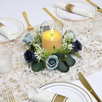 Tobilu 6 Sets Rose Rings Wreaths with LED Candles - Artificial Roses Eucalyptus Wreath Wedding Centerpiece for Wedding Bridal Shower Banquet Table Decor - Navy Blue