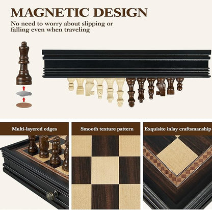 12.5’’ Wooden Chess Set Magnetic Chess Pieces with 2 Built-in Storage Drawers - Chess Broad Game for Beginner Kids Adults - 2 Bonus Extra Queens