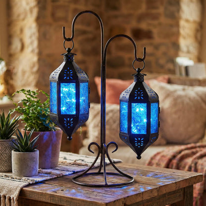 Vela Lanterns Hanging Moroccan Lamp - Exotic Decorative Patio & Porch Decor, Indoor Outdoor Tea Light Candle Lantern Holder with Chain (11" Medium, Blue Glass)