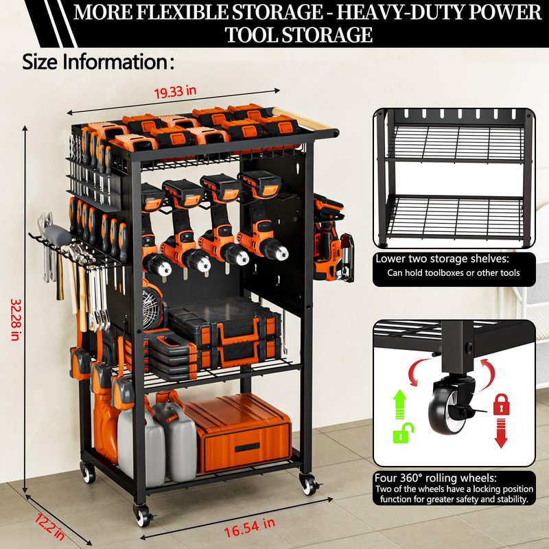 Pure Metal Heavy-Duty Tool Cart, Tool Organizer, 4 Layers + 4 Multifunctional Side Hangers, Integrated Design Power Tool Organizer, Practical Gift for Men, Husbands, and Fathers.