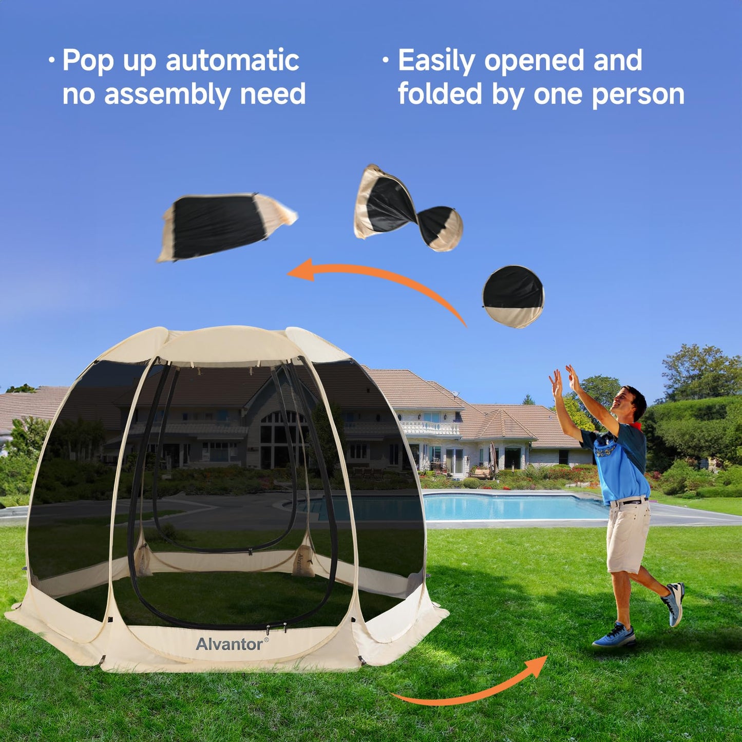 Alvantor Screen House Room Camping Tent Outdoor Canopy Pop Up Sun Shade Hexagon Shelter Mesh Walls Not Waterproof 10'x10' Beige Patent Pending