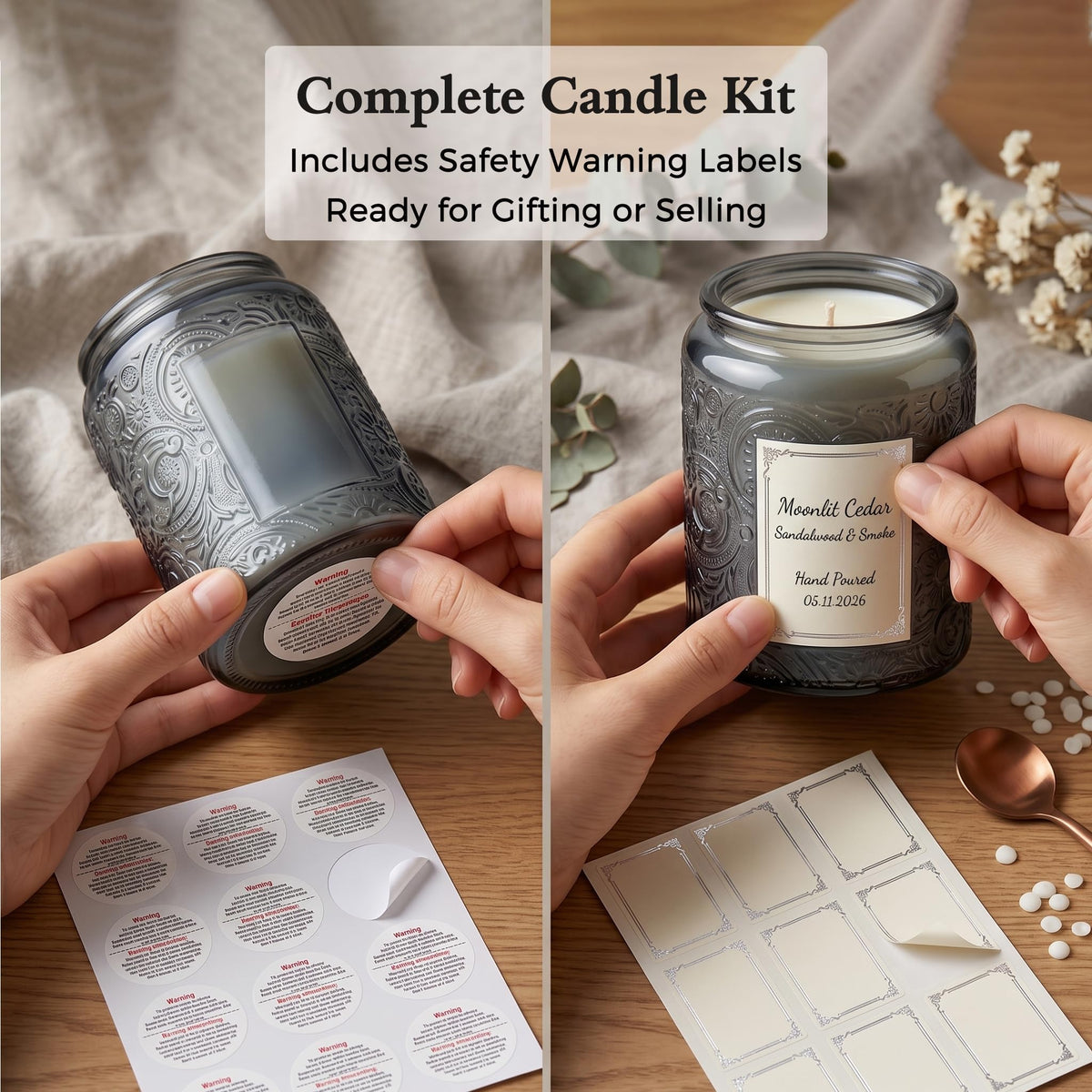 Art Secret 9-Pack 8oz Embossed Glass Candle Jars with Lids and Labels - Sun Moon Stars Design (Gray)