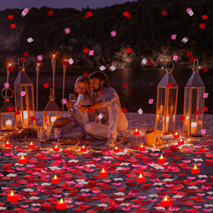 Coume 6000 Pieces Artificial Rose Petal 72 Pieces LED Tealights Candle, Romantic Decorations Special Night Rose Petal Heart Candle for Valentines Wedding Anniversary Proposal Decor(Cute Red Light)