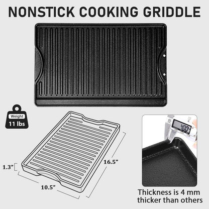 Utheer Nonstick Reversible Cast Iron Griddle 16.5" x 10.5", Ceramic Cooking Surface, Flat & Ribbed Sides, with High Sides & Grease Trap, Stovetop Griddle for Gas Grill, Charcoal, Oven & Outdoor BBQ