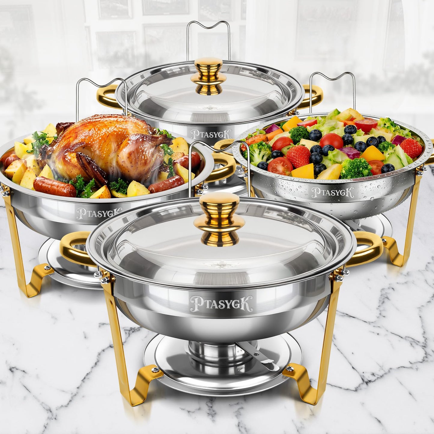 PTASYGK Chafing Dishes for Buffet - 4 Pack 5QT Gold Stainless Steel Round Food Warmer with Stainless Steel Lid, Lid Holder & Stackable Design for Home Parties & Small Catering
