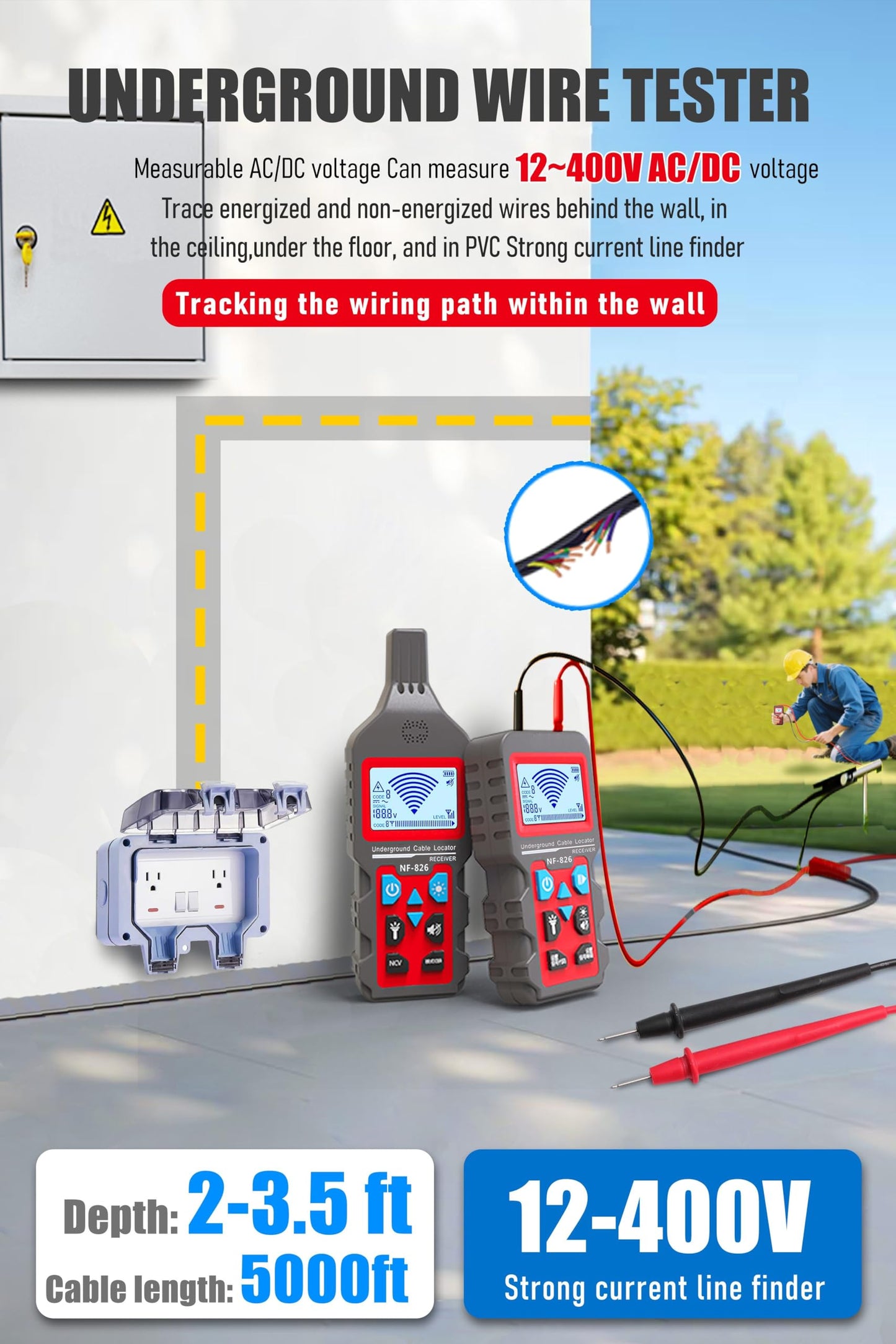 NF-826 Underground Wire Locator Circuit Tracker 12-400V AC/DC, locates Circuit Breakers, fuses, Wires, Short Circuits, Open Circuits, Ceiling/wall/Dog Fence Cables, Irrigation Control Lines