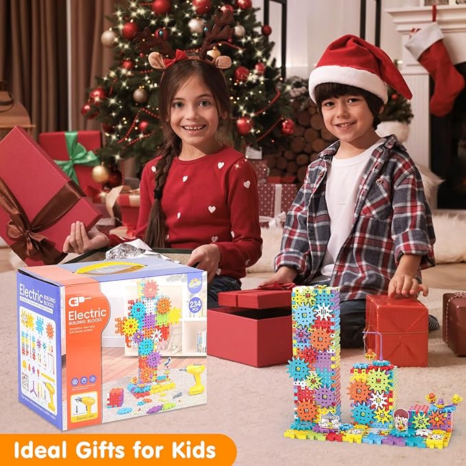 Building Toys 234 Pieces Upgrade Gear Building Blocks Set Kids Tool Set with Electric Drill Kids Toys STEM Kits Gifts for Boys Girls Age 3+