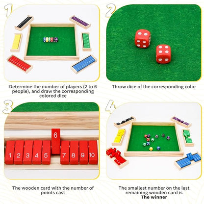 Upgraded 1-6 Players Shut The Box Dice Game with 12 Dice Wooden Classic Board Games Traditional Table Math Game Tabletop Math Dice Game for Pub Bar Home Classroom Party