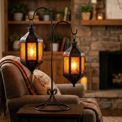 Vela Lanterns Hanging Moroccan Lamp - Exotic Decorative Patio & Porch Decor, Indoor Outdoor Tea Light Candle Lantern Holder with Chain (11" Medium, Amber Glass, 3-Pack)