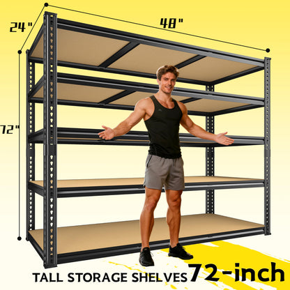 48" W Garage Shelving Heavy Duty 3080LBS Garage Storage Shelving, 5 Tier Adjustable Metal Shelving Unit Utility Rack Shelf for Warehouse, Pantry, Closet, Kitchen 72" H x 48" W x 24" D,Industrial，Black