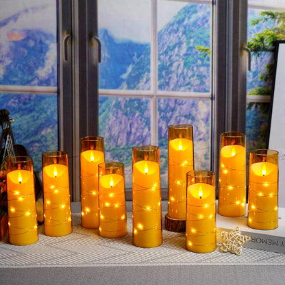 Eebuss Flameless Candles with Embedded Star String, Battery Operated LED Pillar Candles with Timer and Remote Control,Home Decorating for Ambiance， Set of 9 (Gold)