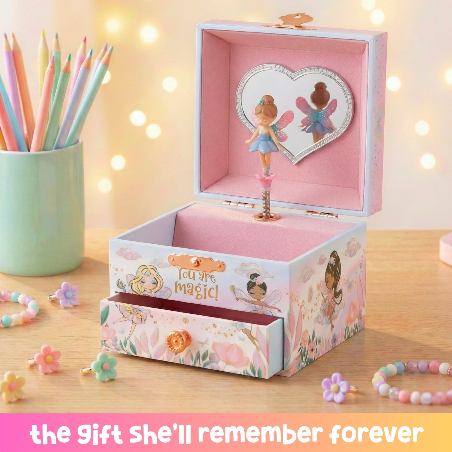 Giggle & Honey Musical Fairy Jewelry Box for Girls - Kids Music Box with Spinning Fairy and Mirror, Princess Gifts for Little Girls, Jewelry Boxes, Childrens Birthday Gift - Ages 3-10, Pink
