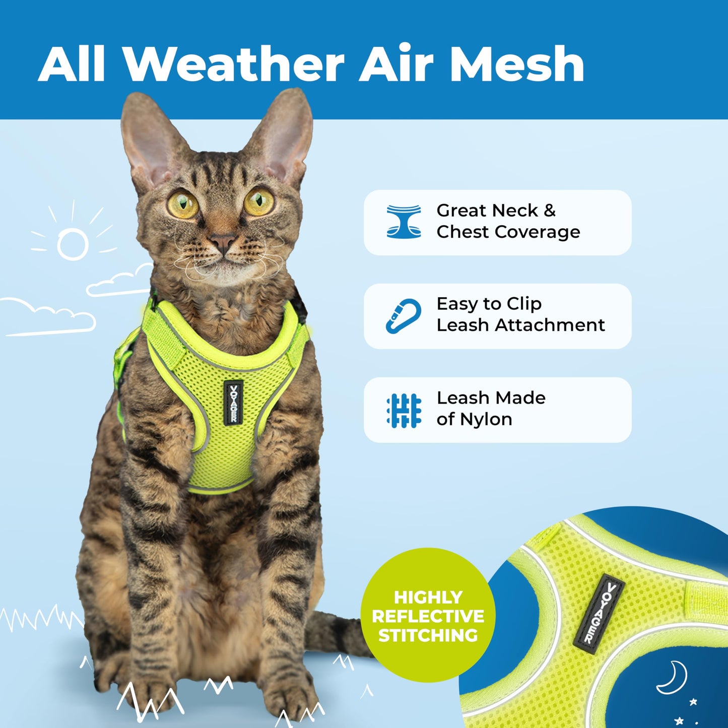 Best Pet Supplies Voyager Escape Proof Cat Harness and Leash Set with Reflective Stitching, Neoprene Handle 5ft - Supports Small, Medium and Large Cats, Kittens - Lime, M (Chest: 16.5-19.5")