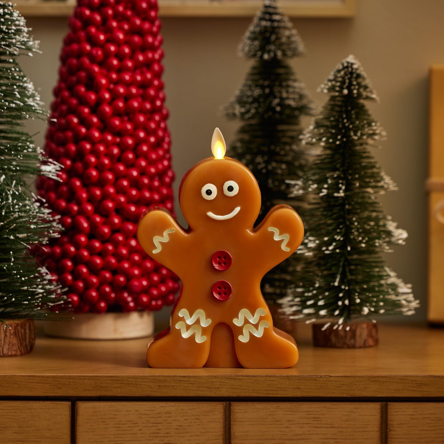 Luminara Flameless Festive Decor - Gingerbread Man Figural LED Candle Natural Color, Brown, 5.3" x 7.5" Real Wax Moving Flame Battery Operated Timer