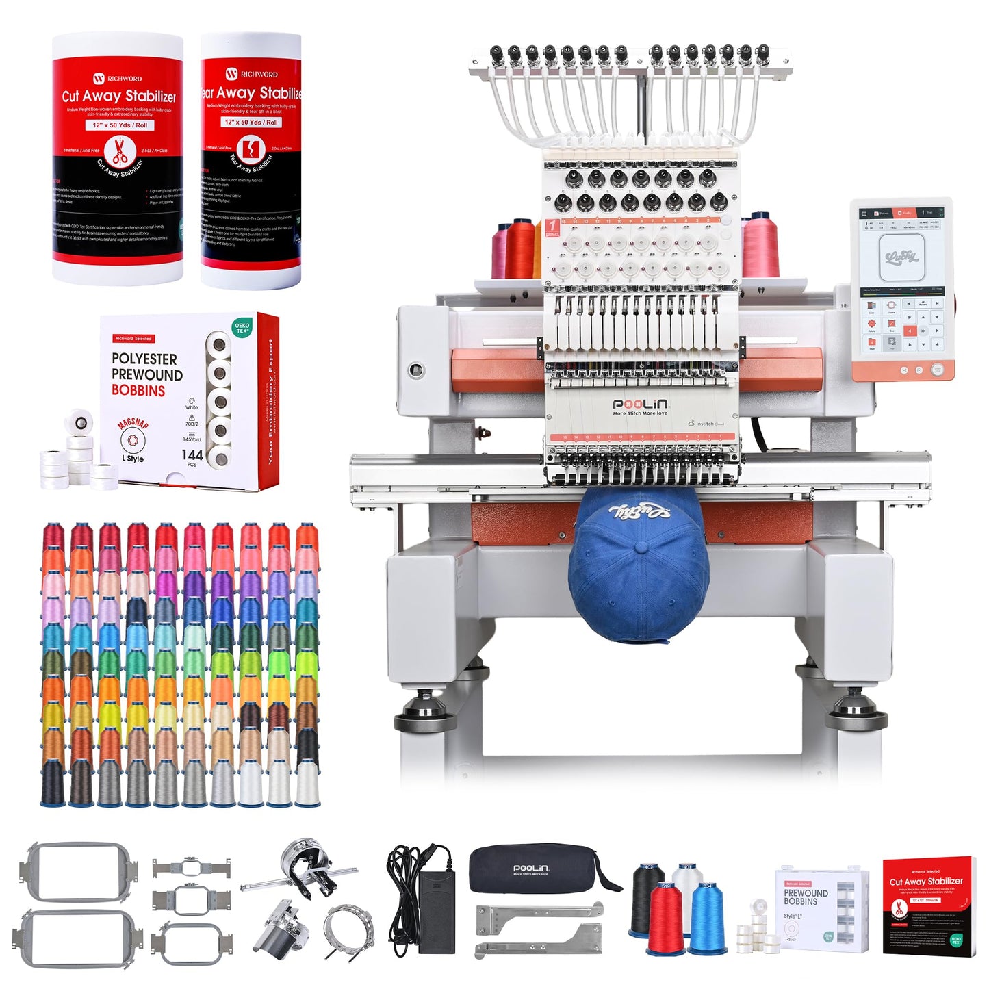 Poolin EOV 15-Needle Commercial Embroidery Machine | Advanced Business Bundle – Includes 100-Color Thread Kit, 144 Magsnap Bobbins, Cut Away & Tear Away Stabilizers