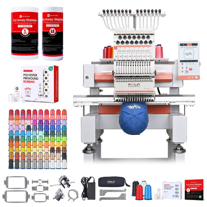 Poolin EOV 15-Needle Commercial Embroidery Machine | Advanced Business Bundle – Includes 100-Color Thread Kit, 144 Magsnap Bobbins, Cut Away & Tear Away Stabilizers