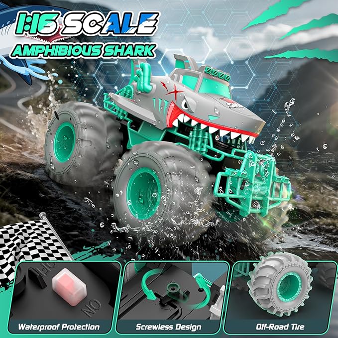 Waterproof Shark Remote Control Car 1:16 Amphibious RC Cars 4WD All Terrain Off Road Monster Trucks Toys RC Truck Toys for Kids 3-5 6-8 8-12 Year Old Boy Birthday Gift Gray