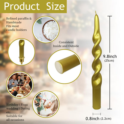 Metallic Twisted Taper Candles Set of 2 10 Inch Christmas Twisted Long Golden Candles for Halloween Christmas Home Dinner Party Wedding