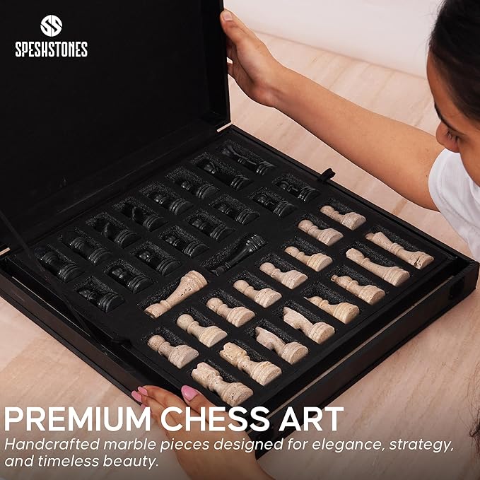 Marble Chess Set 15 Inch Handmade Travertine &amp Black Luxury Board Games for Adults Elegant Table top Board Game Travel Chess Pieces &amp Storage Box for Gifts &amp Home Decor