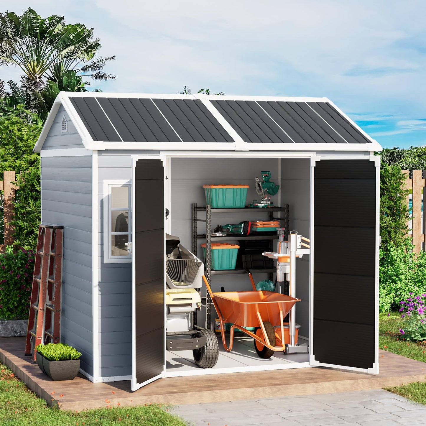 8x6 FT Resin Plastic Shed with Floor, Heavy-Duty 21-Gauge Reinforced Steel Frame, 16mm Ultra-Thick Panels, Outdoor Storage Sheds with Awning Windows and Air Vents
