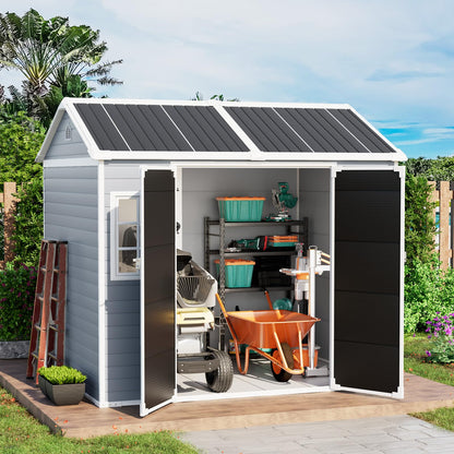 8x6 FT Resin Plastic Shed with Floor, Heavy-Duty 21-Gauge Reinforced Steel Frame, 16mm Ultra-Thick Panels, Outdoor Storage Sheds with Awning Windows and Air Vents