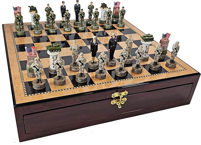 US Military Chess Set Army Navy Air Force or Marines. Choose 2 Branches of Men with 17 inch Walnut Color Storage Board (Army vs Marines)