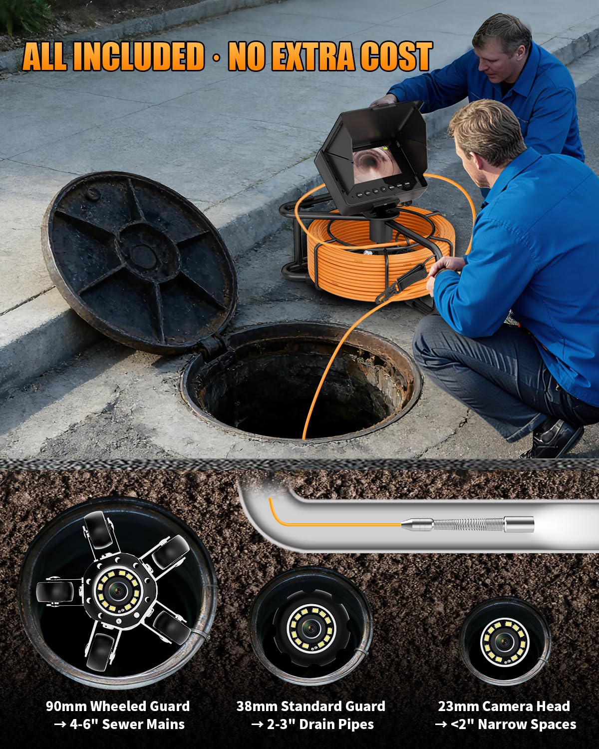 Sewer Camera 100ft, Drain Camera 4.3" with 23mm 1080P Probe, 8500mAh, 32GB Audio & Video Record, IP68 Waterproof for Drain Pipe, Plumbing & Industrial Inspection, Endoscope Camera with Light(12 LEDs)