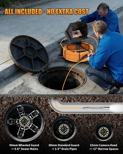 Sewer Camera 100ft, Drain Camera 4.3" with 23mm 1080P Probe, 8500mAh, 32GB Audio & Video Record, IP68 Waterproof for Drain Pipe, Plumbing & Industrial Inspection, Endoscope Camera with Light(12 LEDs)