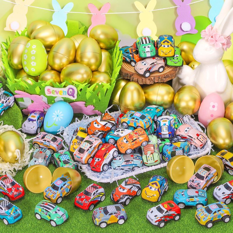 SevenQ Toy Cars Easter Basket Stuffers 24 Pcs, Prefilled Easter Egg Fillers Race Car Party Favors for Kids Birthday Goodie Bag Treasure Box Toys for Classroom Treat Prizes Pinata Egg Hunt Supplies
