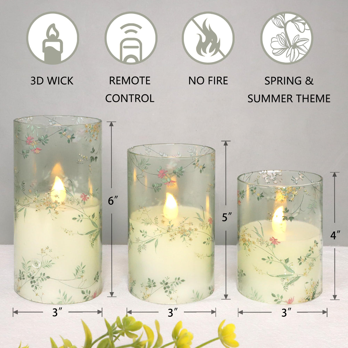 FLAVCHARM Glass Flameless Candles Flickering Battery Operated LED Pillar Candles Set of 3 with Timer and and 10-Key Remote Green Branch Floral Spring Summer Theme for Wedding Festival Home Decoration