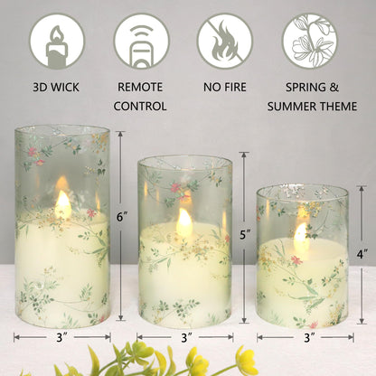 FLAVCHARM Glass Flameless Candles Flickering Battery Operated LED Pillar Candles Set of 3 with Timer and and 10-Key Remote Green Branch Floral Spring Summer Theme for Wedding Festival Home Decoration