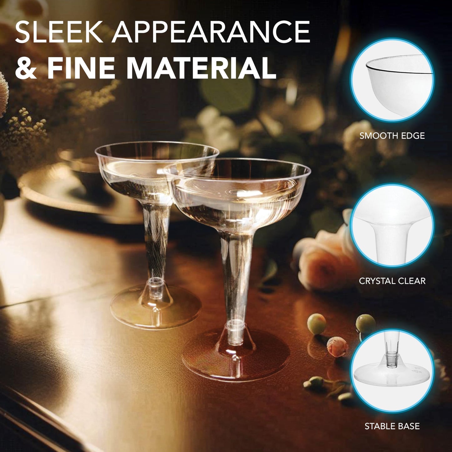 Party Essentials Disposable Hard Plastic Two Piece 4 oz. Toasting Cocktail Cups, 50-Count, Clear Champagne Glasses