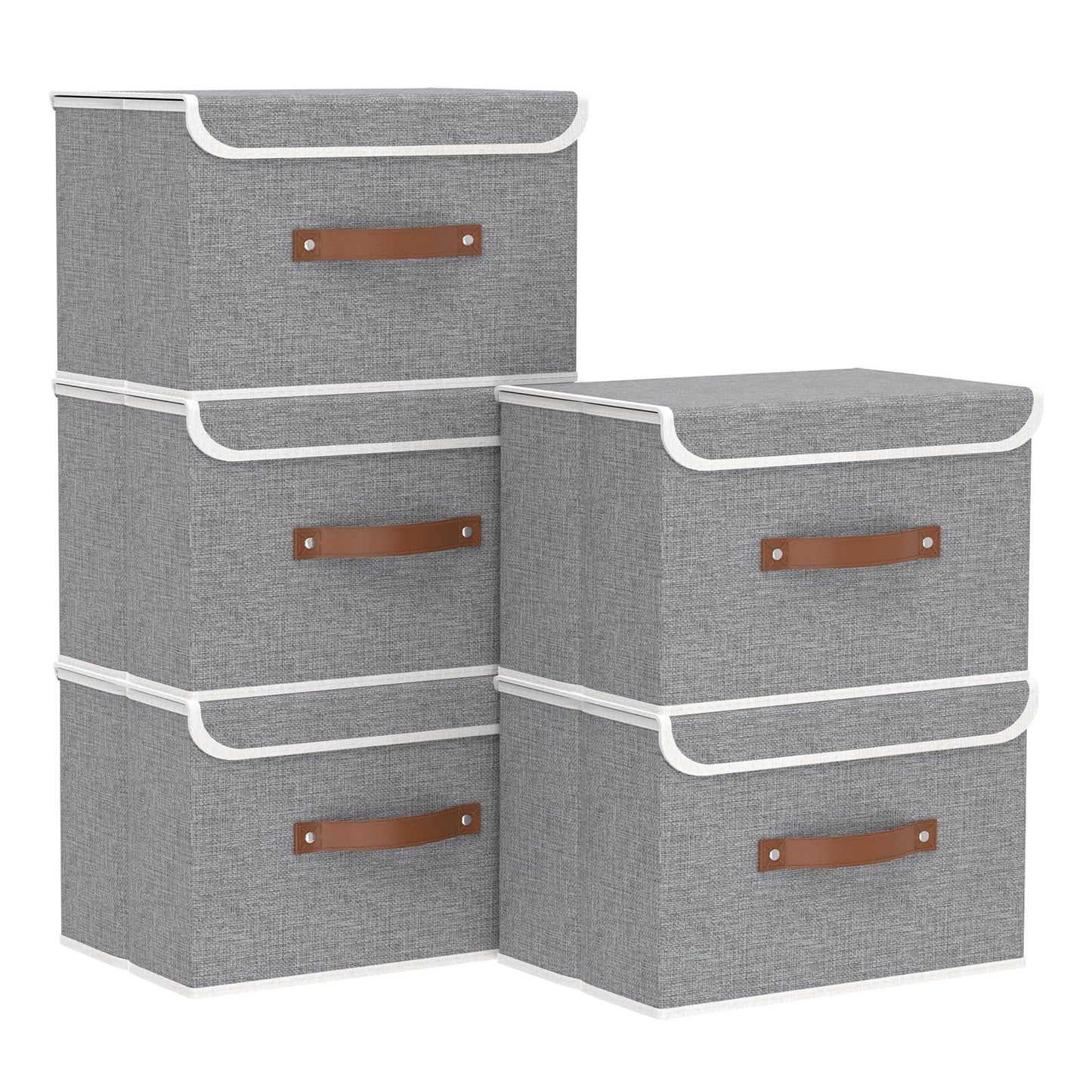 Yawinhe Collapsible Storage Bin, Cube Organizer Basket, Fabric Box with Lids, Washable and Leather Handle, for Home, Closet, Grey, 15.0''Lx9.8''Wx9.8''H, 5-Pack, USNK024GL-5