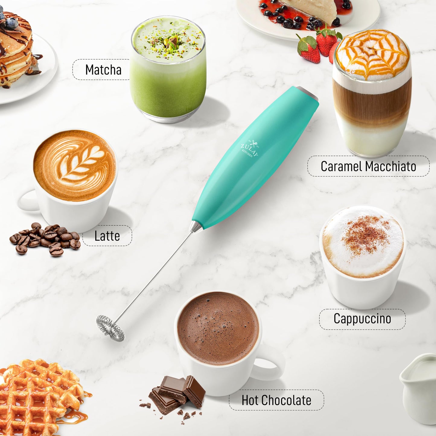 Zulay Kitchen Handheld Milk Frother with Duracell AA Batteries – Ultra Fast Electric Mixer & Foam Maker, Easy-Clean Drink Mixer for Coffee & More - Caribbean Aqua 2B